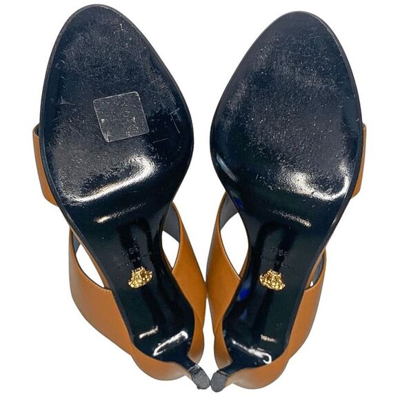 Versace Virtus Brown Leather Mules Heels Gold V Logo EU 39.5 Made in Italy - Picture 9 of 12